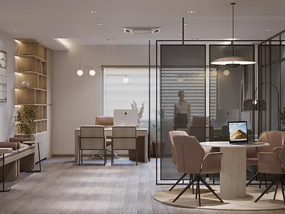 Calm Creative Workspace 3d modeling apartments decor elegant home office interior design modern natural wood office workspace