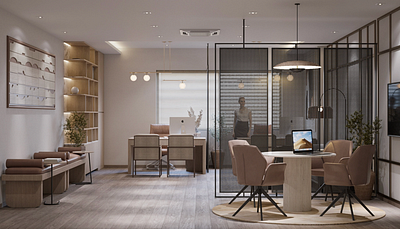 Calm Creative Workspace 3d modeling apartments decor elegant home office interior design modern natural wood office workspace