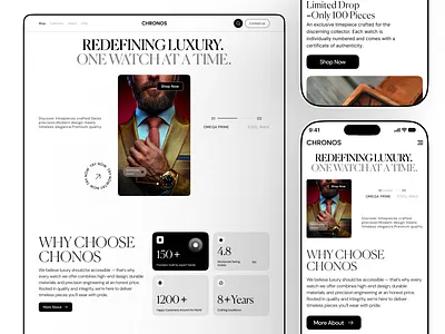 Chronos Luxury Watch Website Full Landing Page UI clean typography e commerce inspiration hero banner high end retail landing page ui limited edition drop luxury web design mehbubur rahman minimal design monochrome aesthetic premium timepieces product showcase responsive web layout ui ux design watch e commerce website design