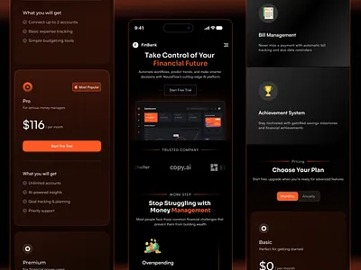 Personal Finance Mobile App Fintech SaaS Design clean design dark mode dark mode app dashboard design expense tracking finance app finance mobile ui finantial app hero section mehbubur rahman mobile app money management responsive saas sass design uiux web app web design website