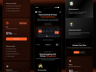 Personal Finance Mobile App Fintech SaaS Design clean design dark mode dark mode app dashboard design expense tracking finance app finance mobile ui finantial app hero section mehbubur rahman mobile app money management responsive saas sass design uiux web app web design website