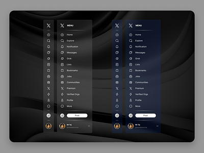 X Twitter Redesign Menu Sidebar — Blur Effect Edition app blur effect branding design graphic design illustration illustrator logo minimal product design sidebar sidebar menu typography ui ux vector web web design website x