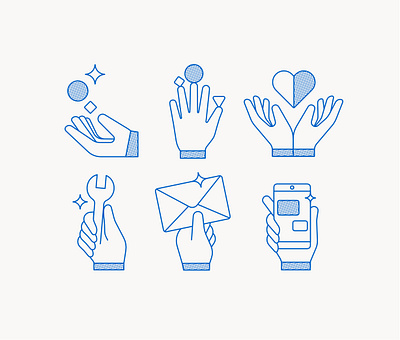 Playfull icon set for editorial project branding character design editorial hands icons illustration ui