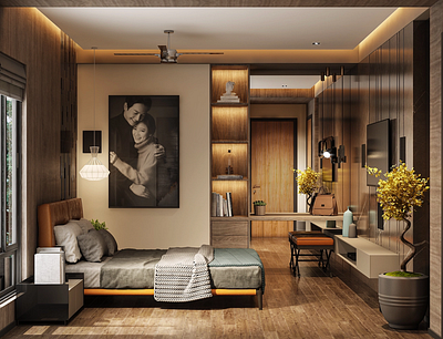 Warm Wood Bedroom 3d modeling apartments bedroom decor design elegant furniture interior design lighting modern neutral palette