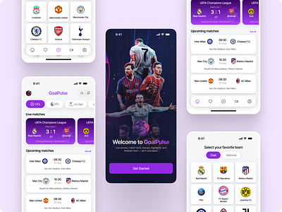 GoalPulse – Modern Sports Stats & Match Tracker clean mobile interface design football mobile app live scores design match facts match results match statistics mehbubur rahman minimal app design modern sports design player lineups purple theme ui real time updates soccer tracker sports app ui sports ux design team selection screen uefa champions league ui uiux