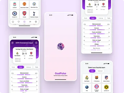 GoalPulse – Modern Sports Stats & Match Tracker clean mobile interface football mobile app live scores design match facts match results match statistics mehbubur rahman minimal app design modern sports design player lineups purple theme ui real time updates soccer tracker sports app ui sports ux design team selection screen uefa champions league