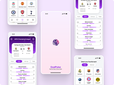 GoalPulse – Modern Sports Stats & Match Tracker clean mobile interface football mobile app live scores design match facts match results match statistics mehbubur rahman minimal app design modern sports design player lineups purple theme ui real time updates soccer tracker sports app ui sports ux design team selection screen uefa champions league
