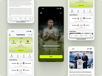 Sports Mobile App – Match Highlights & Line-ups clean mobile interface fan experience football mobile design interactive sports design lime green theme live score ui match tracker mehbubur rahman minimal app ui player statistics real madrid app sports app ui sports highlights sports news feed sports ux design team analysis screen