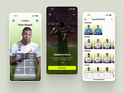 Sports Mobile App – Match Highlights & Line-ups clean mobile interface fan experience football mobile design interactive sports design lime green theme live score ui match center match tracker mehbubur rahman minimal app ui mobile app player statistics real madrid app sports app ui sports highlights sports news feed sports ux design team analysis screen