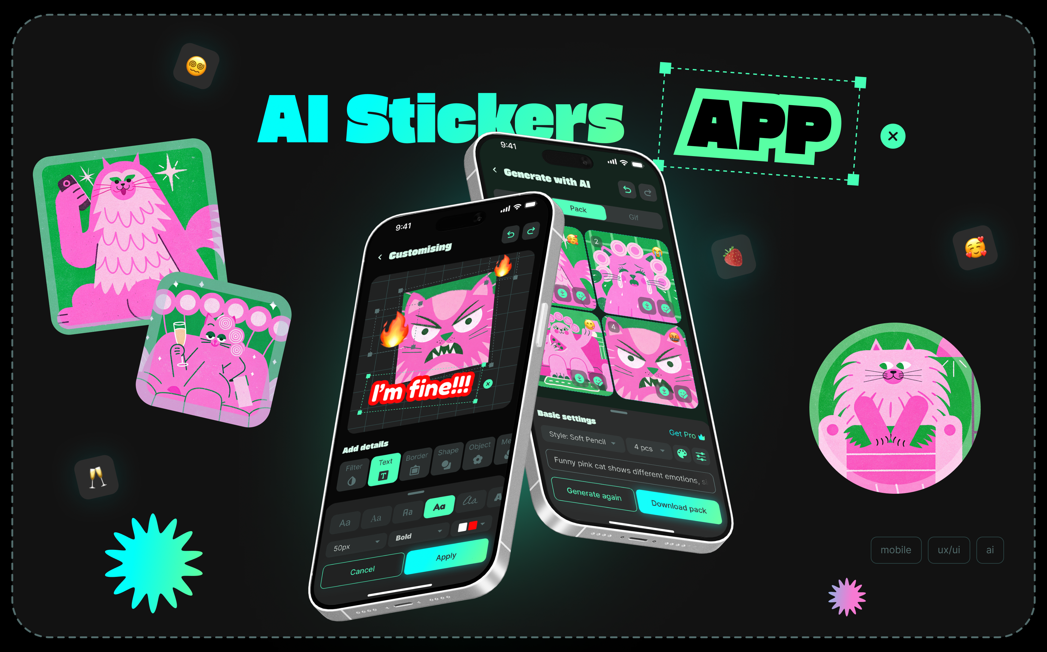 AI Stickers - Generate, Edit Page ai android application artificial intelligence cat concept edit edit page generate page ios mobile mobile app sticker ui ux