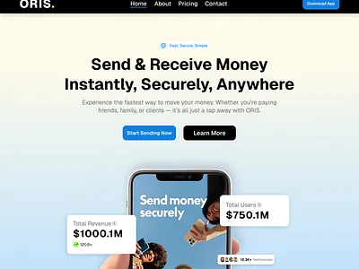 ORIS — Money Transfer App Landing Page 3d branding figma graphic design hero section landing page logo prototype ui ux