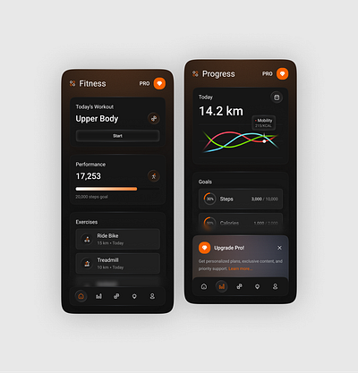 Fitness Tracker Mobile App app clean dark fitness fitness tracker mobile mobile aplication mobile app mobile ui modern app ui product design tracker ui ui ux ux