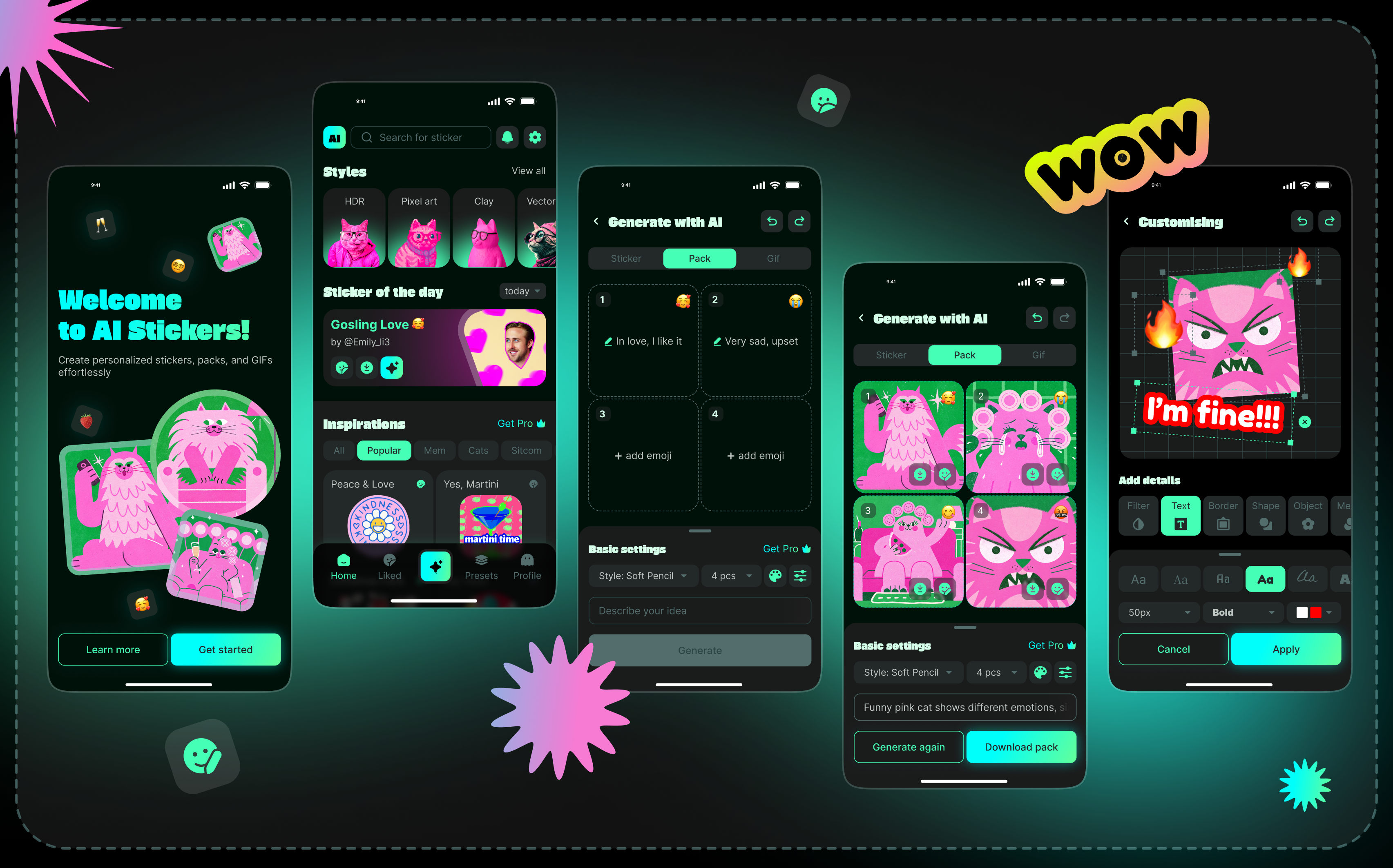 AI Stickers - Welcome, Main, Generate, Edit screens ai android application artificial intelligence cats create page edit figma home page ios mobile mobile app stickers ui ux welcome screen