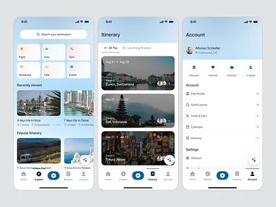 Travel Planner Mobile App: Explore, Itinerary & Account app design app design book artificial intelligence book booking erg flight flight app flight ticket ios app itinerary mobile mobile app product design saas ticket travel travel mobile app ui uiux
