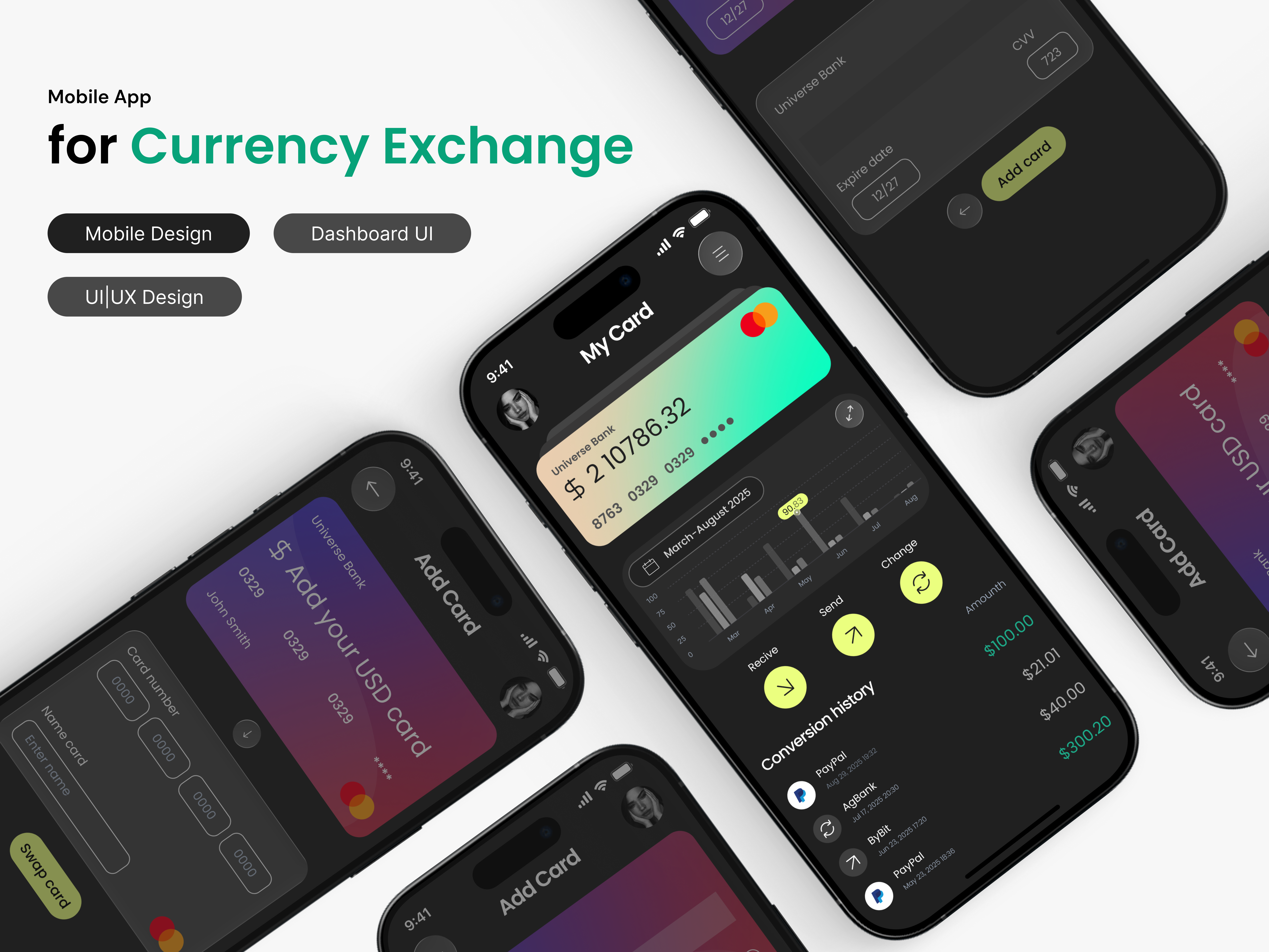 Currency Exchange – Mobile Adaptation banking app card management clean design currency exchange dark mode dashboard ui finance design fintech app fintech dashboard interface design mobile adaptation mobile design mobile ui modern ui money transfer product design responsive design uiux design ux design web to mobile