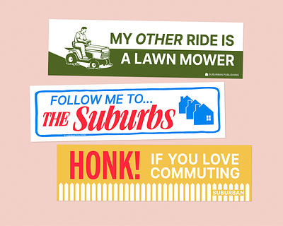 Suburban Bumper Stickers americana branding bumper sticker car grad school graphic design illustration lawn mower picket fence retro sarcastic suburban suburbs vintage visual identity