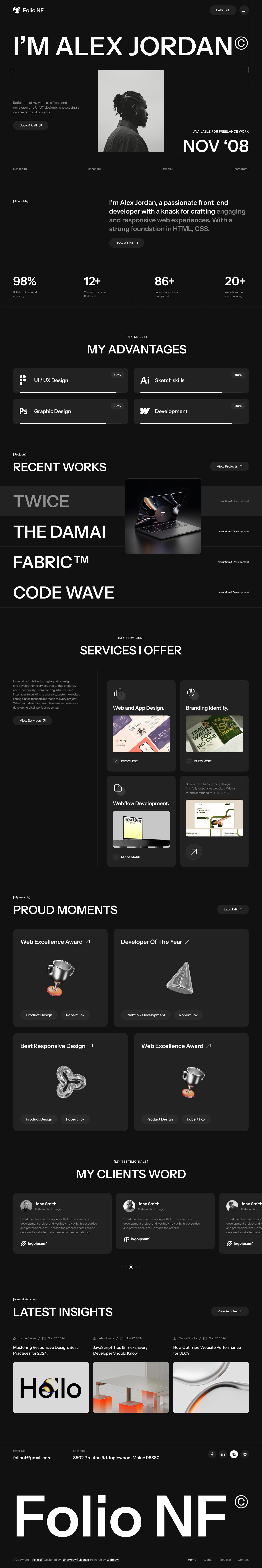 FolioNF - Webflow Portfolio Template figma landing page no code portfolio theme uiux design web design web development webflow webflow template website