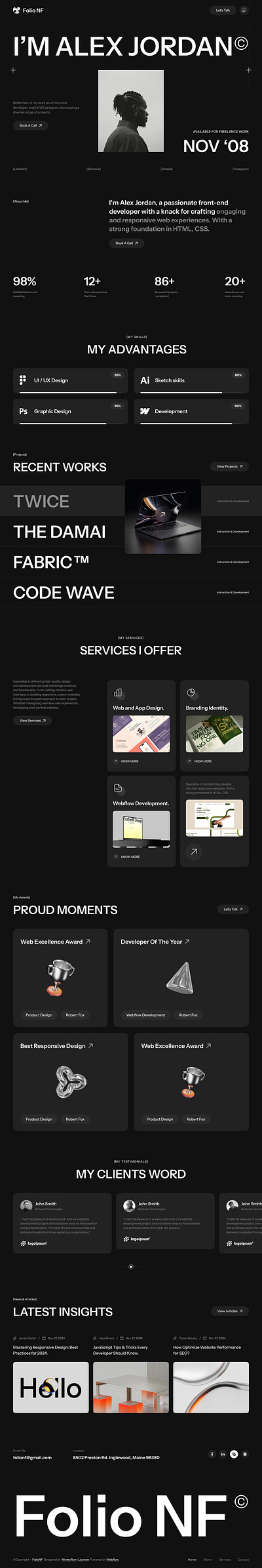 FolioNF - Webflow Portfolio Template figma landing page no code portfolio theme uiux design web design web development webflow webflow template website