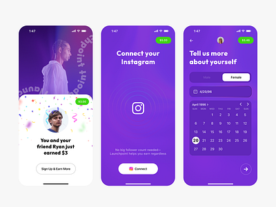 T. app calendar cards mobile onboarding social