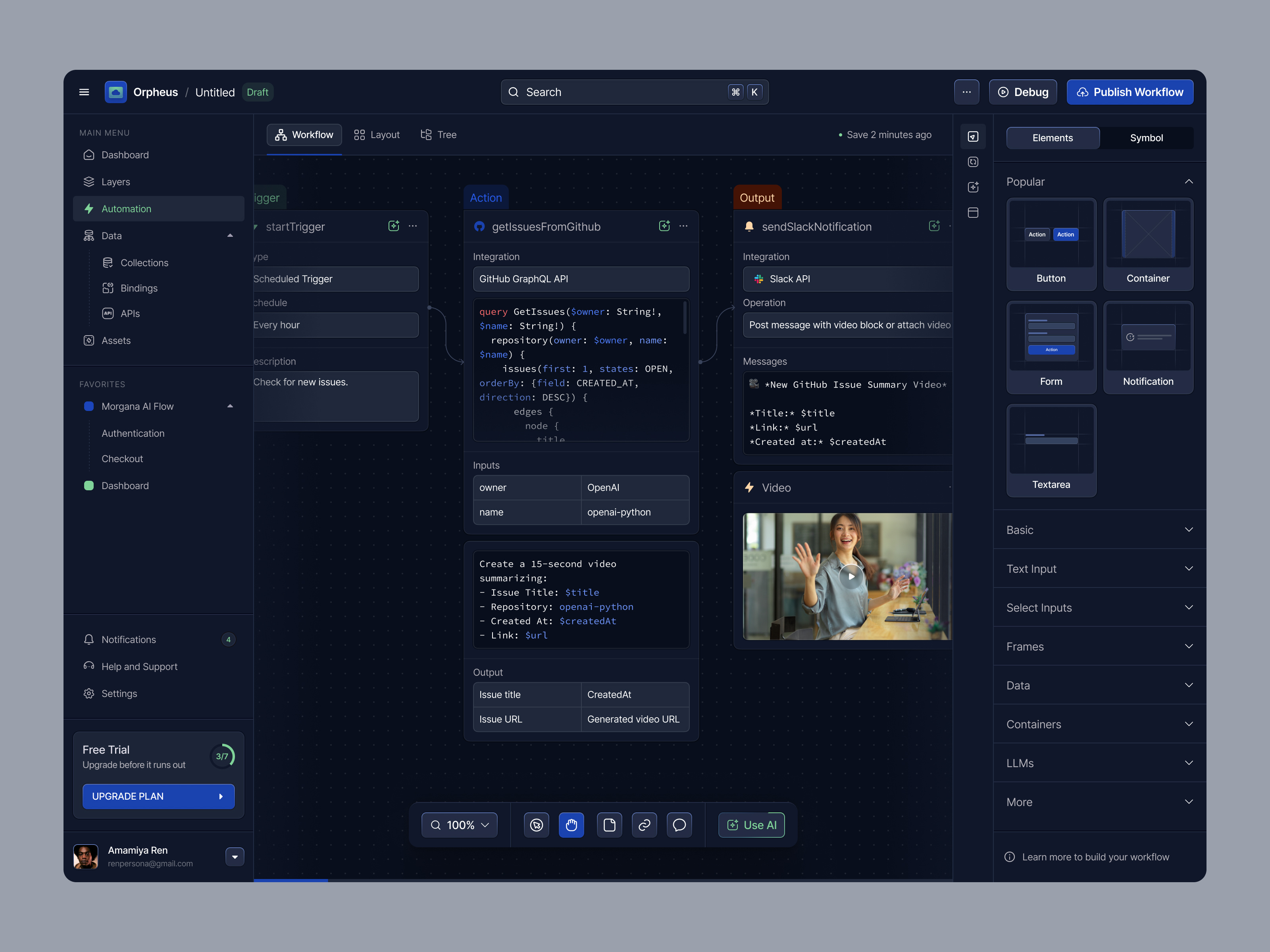 Orpheus – Automation Workflow Builder api integration automation app clean interface dark ui dashboard design developer tool minimal design modern ui productivity app productivity tool saas dashboard task automation ui ux web website workflow builder