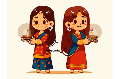 A Couple of Cartoon Girls Holding Candles assortment background candle cartoon celebration culture diwali fest festival festive hindu hinduism india indian lamp lights religion sikh temple traditional
