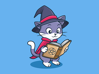 Cute cat witch reading spell book adobe illustrator book branding cat cat reading book cute cat cute halloween design graphic design gray cat halloween halloween cat illustration kitty logo reading cat spellbook vector vector cat witch