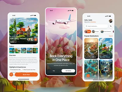 Wanderly – Modern Travel Experience App Design 3d travel design booking app design fdf flight booking ui hotel booking mehbubur rahman minimal mobile ui mobile app mobile ui modern travel experience onboarding screens soft gradient palette tourism app design travel app ui travel illustration travel inspiration trip trip planner app vacation app concept wanderly mobile ui