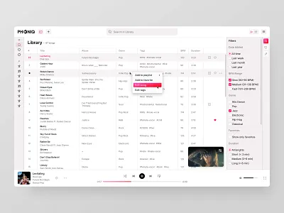 Phoniq – Advanced Filtering & Track Actions apple music dashboard ui desktop app filters fsdf listening macos app music albums music app music library music player navigation playlists product design product designer songs tracks ui design ux design video clip