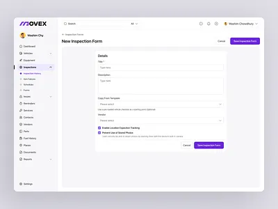 Vehicle Inspection Form create inspection fleet fleet form fleet inspection form inspection inspection form inspection history location tracker management modal modal form new inspection form saas saas form saas web inspection form ui uiux vehicle webapp