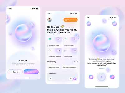 AI Chat & Productivity Assistant – Luna App Design ai app ai chatbot ai mobile app ai voice aiappdesign appconcept chatbotui futuristicapp gradientui mobile app neumorphism productivityapp voice recognition voiceassistant