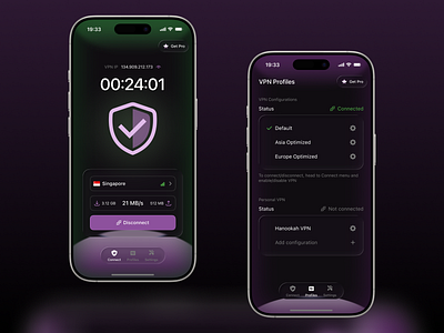 vpn mobile app design android app apple clean dark design figma glass graphic design internet iphone magenta mobile pink protect reflection secure ui ux vpn