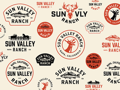 Sun Valley Ranch - Vintage Logo Exploration apparel badge branding deer design fishing graphic design hand drawn illustration logo mountain patch pattern ranch retro rustic tshirt typography vector vintage