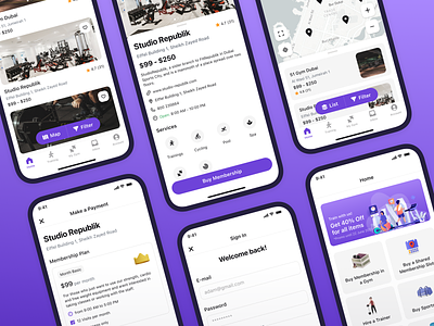 Gym Mobile App app filter fitness gym map membership mobile plan purple sign up sport ui ux