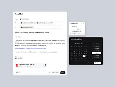 Email Modal - Schedule Email calendar clean email email template figma gmail inbox mailbox message messaging minimal modal modals pop up popup product design schedule scheduler ui ui design