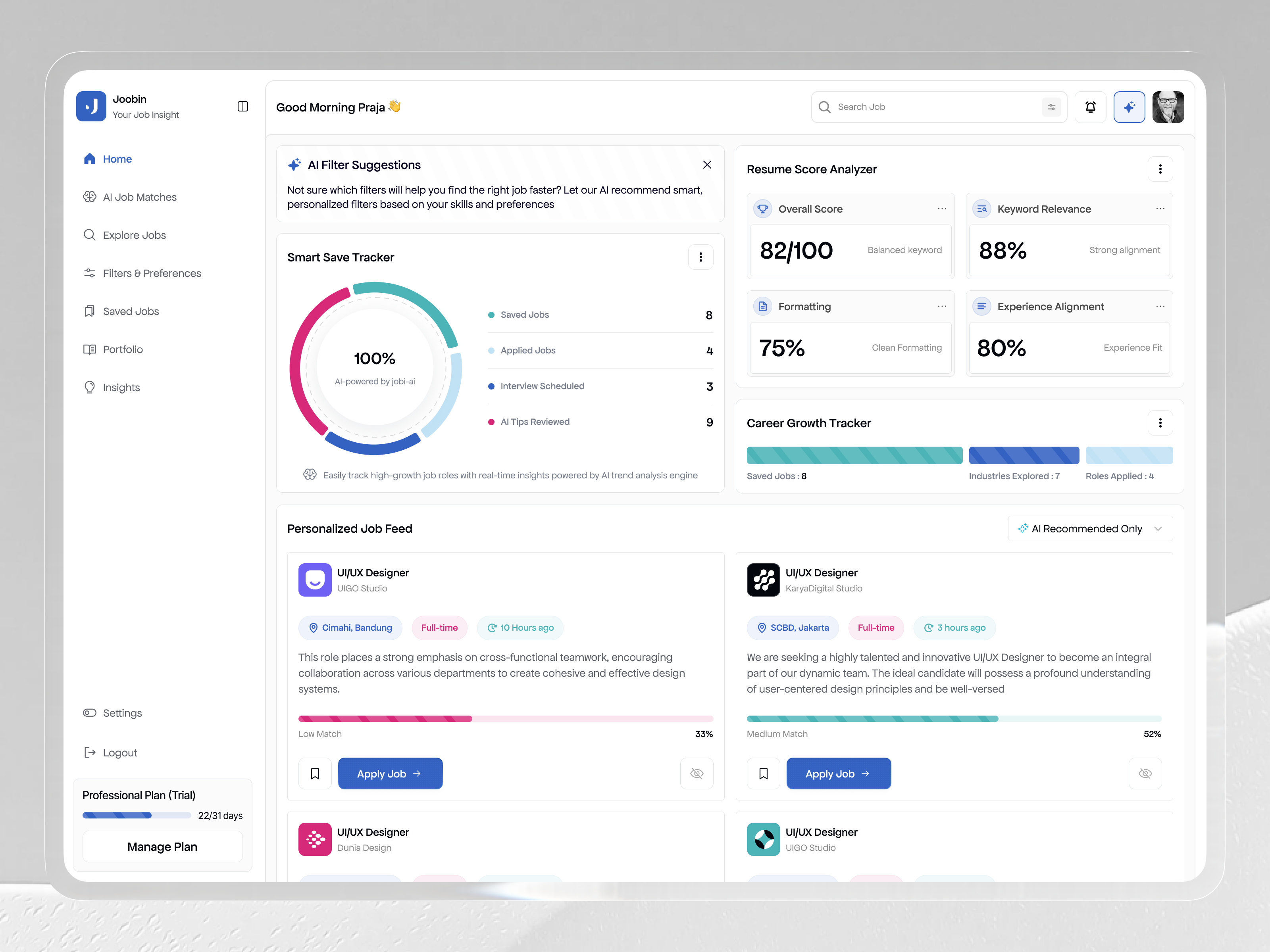Example of Joobin - Job Seeker Dashboard
