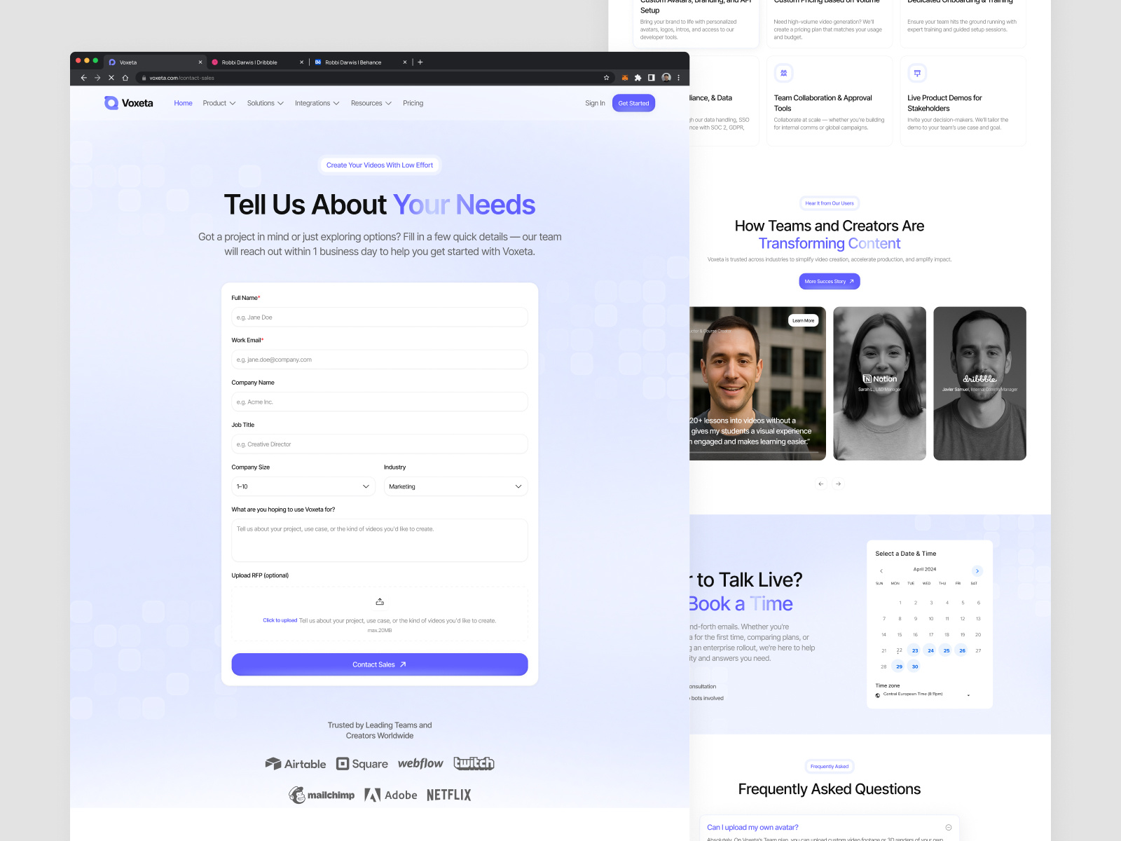 Voxeta - AI for Video Editor & Generator (Contact Us Page) ai website blog page career page clean design contact us page faq page feature page integration page job vacancy page landing page pricing page product page redesign website responsive design saas template page ui ux design video editor website video generator website website