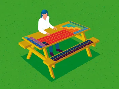 Periodic Table chris rooney elements grass illustration isometric lab coat outdoors park periodic table person picnic picnic table science scientist sitting squares woman