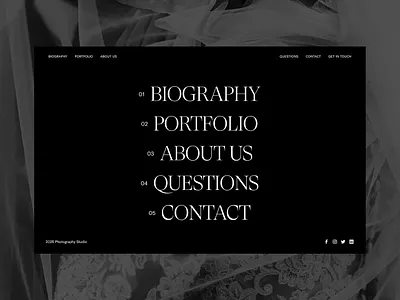 Wedding Photography Portfolio Website Menu View 3d branding design editorial elegant figma graphic design photo photographer photography portfolio ui web design website website design works