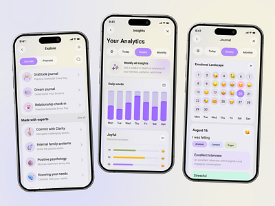 AI Journal And Diary Mobile App ai ai journal application clean design diary app emotion interface design journal entry mental health menu mindful assistant app minimal mobile app modern mood tracker ui uiux app