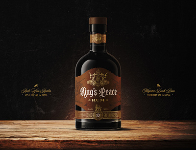 King's Peace rum bottle label bourbon branding coat of arms crest gin graphic design heraldry illustration label design logo luxury luxury packaging packaging packaging design premium rum typography vodka whiskey
