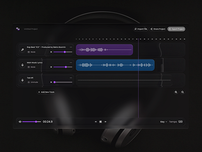 Dark Mode Music Studio UI Design apple dark mode dark ui design figma glass ui modern design music music app sound editor studio studio design ui ui design uiux ux ux design