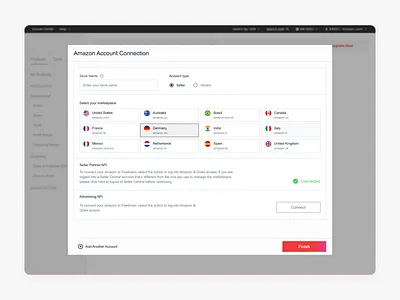Amazon Account Connection in an Analytics SaaS Platform account creation amazon amazon account connect amazon connect analytics platform app design clean ecommerce ecommerce onboarding enterprise ux interface onboarding product design saas ui user experience ux web