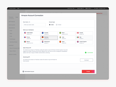 Amazon Account Connection in an Analytics SaaS Platform account creation amazon amazon account connect amazon connect analytics platform app design clean ecommerce ecommerce onboarding enterprise ux interface onboarding product design saas ui user experience ux web