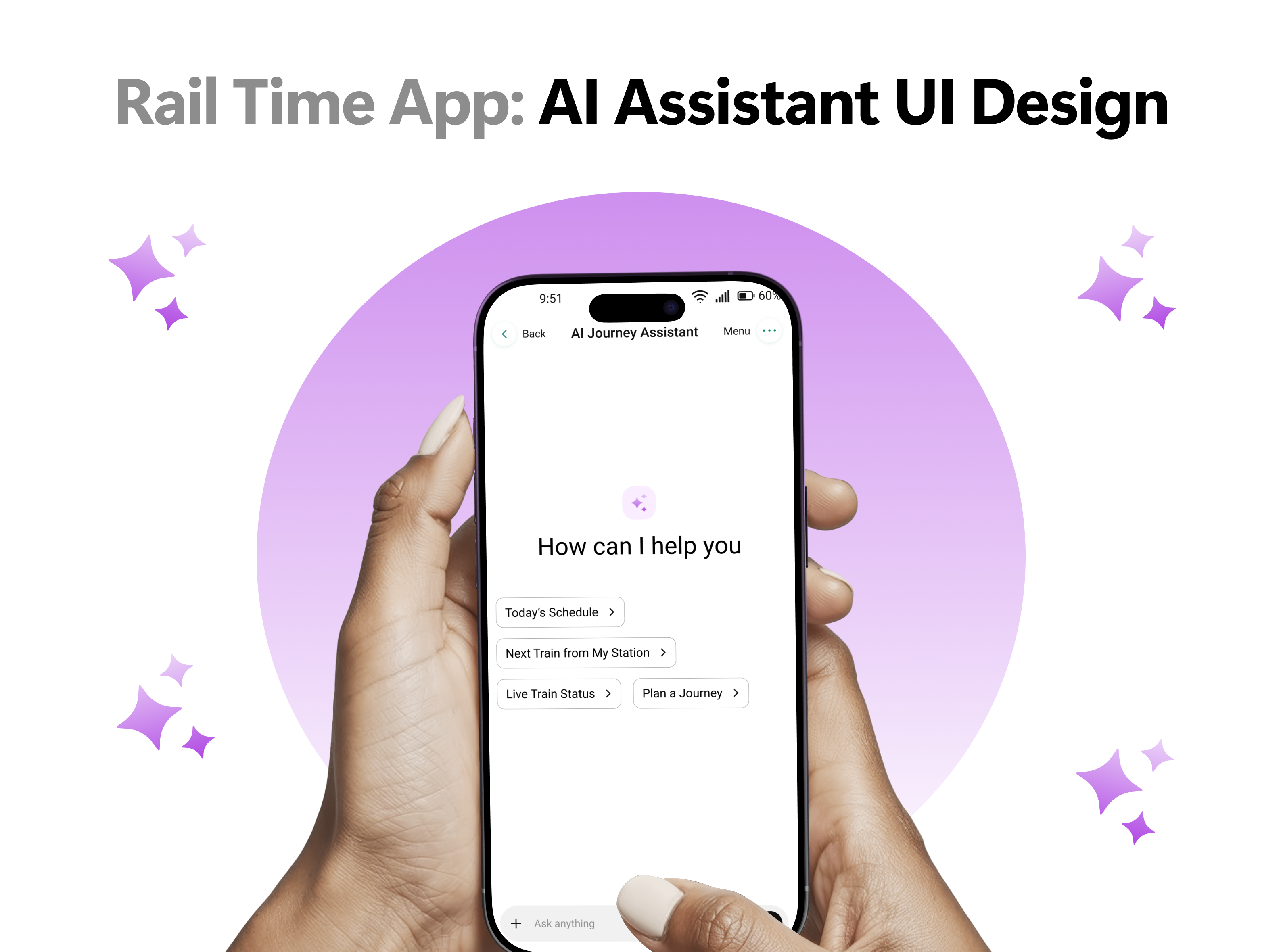 Rail Time App: AI Assistant System ai assistant app design ai chat interface app redesign concept bangladesh app design chat ui design clean ui design dark mode ui figma mobile design figma prototype minimalist app design mobile app ui mobile ui inspiration modern ui concept product design real time app ui smart assistant ui ui animation ux design case study ux interaction design voice assistant app
