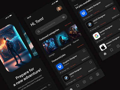 Rocket Job finder app animation app application branding card dark design experience finder future futuristic graphic design interface job mobile ui user ux web