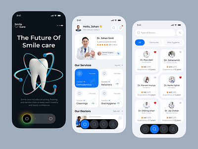 Dental Clinic Mobile App – Your Smile, Simplified app design appointment app clinic clinicapp dental app digital health doctor find health app healthtech medical app mobile app mobile app design patient care app smile stomatology teeth ui ux