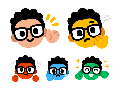 Little dude and his emotions angry branding cartoon character confused cute design emoticon flat funny geek glasses happy icon icons illustration logo mascot nerd sad
