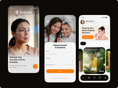 AI Skin Care App - Splash, Login & Home Screen ai ai skin scan beauty app beauty products cosmetics app ecommerce app home home page home screen interface log in login page onboarding register shopping app sign in sign up skin analysis skincare splash
