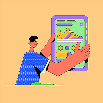 Enjoying the fun of online shopping on a mobile phone animation branding design graphic design illustration logo motion graphics typography ui vector