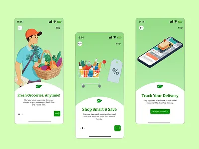 Grocery Delivery App Onboarding branding design for social design ui e commerce design effects figma illustrations on boarding page on boarding screen ui uiux design ux